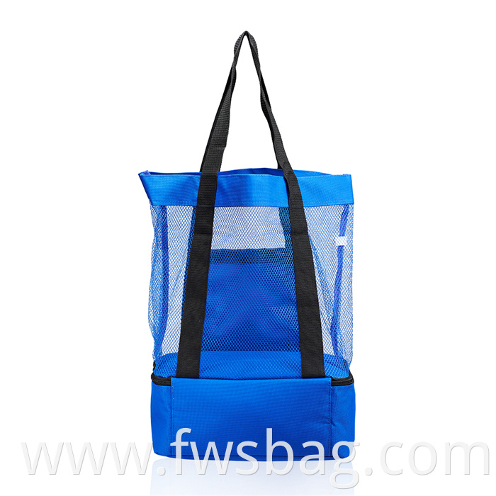 Custom Online Shop Lightweight Zipper Top Mesh Beach Tote Bag With Insulated Picnic Cooler Compartment